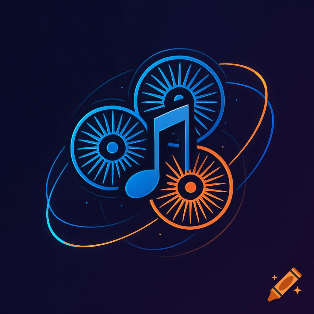 A stylized blue musical note with glowing blue and orange abstract wheels and intertwining lines on a dark background.