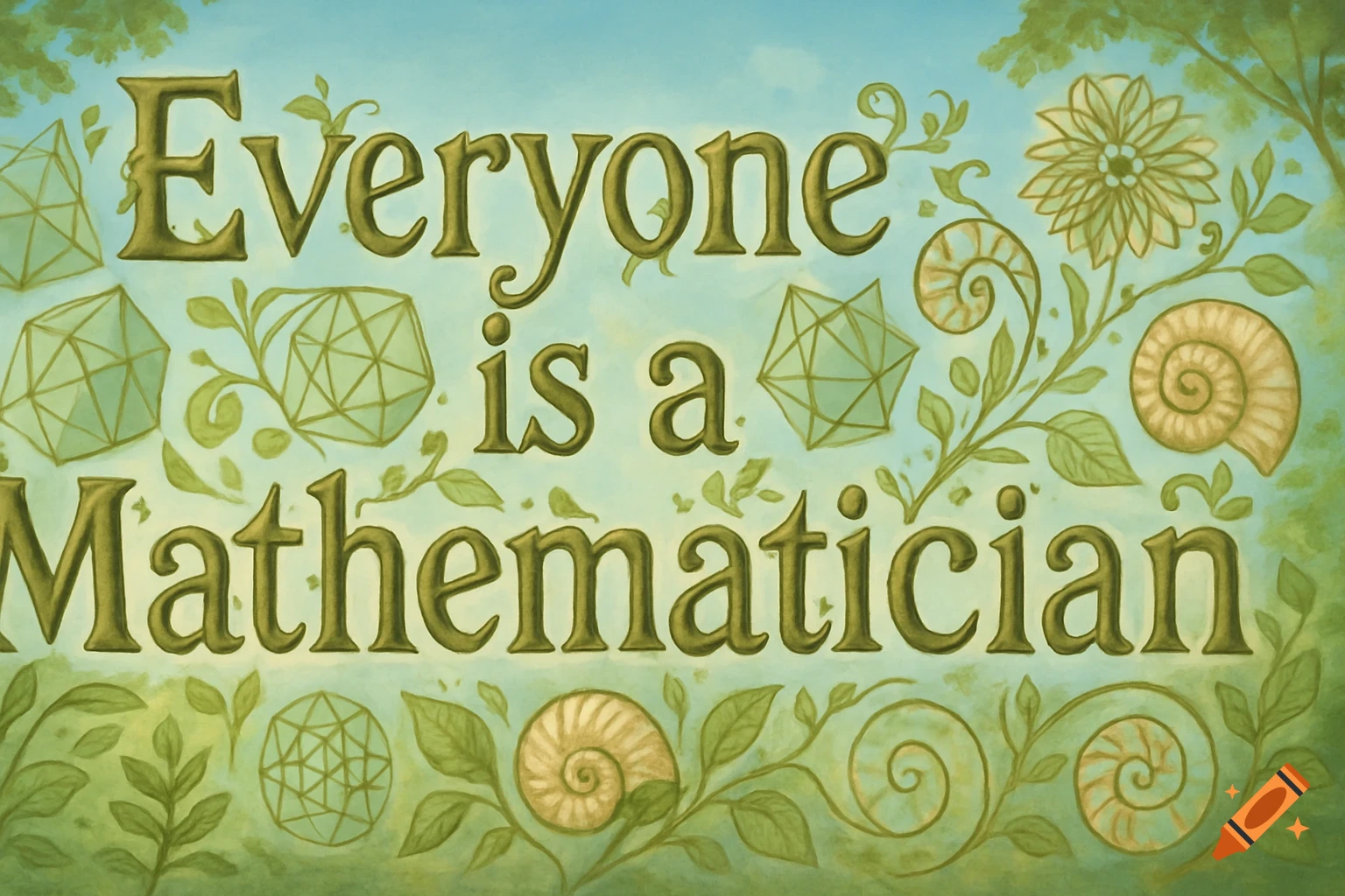 A nature-inspired watercolor banner reads "Everyone is a Mathematician" with geometric shapes, leaves, and shells.
