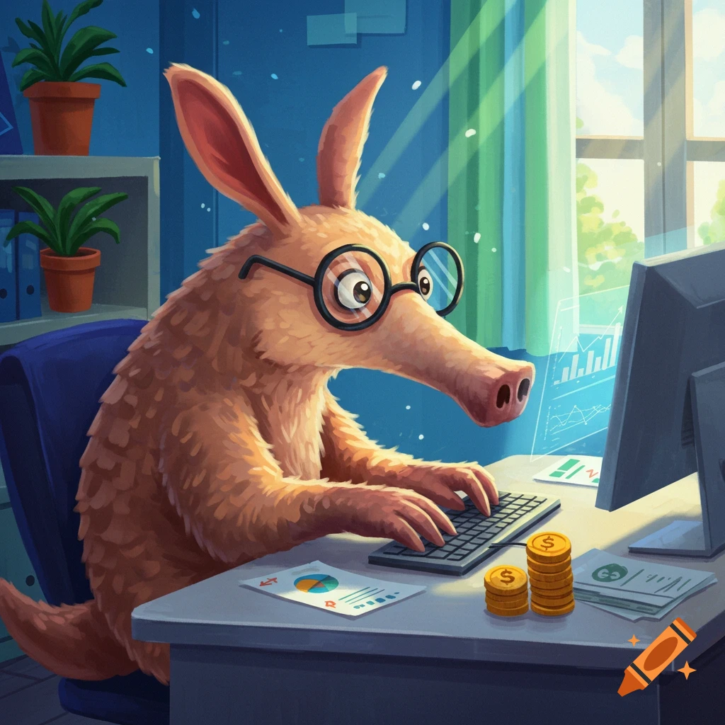 A cartoon aardvark wearing glasses works on a computer in a sunny office, with stacks of coins and papers on the desk.