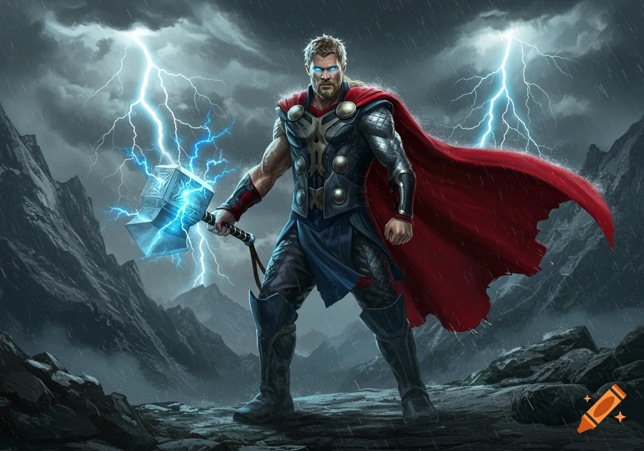 Thor, a Norse god, stands heroically in a stormy, mountainous landscape, holding his glowing hammer as lightning strikes around him.