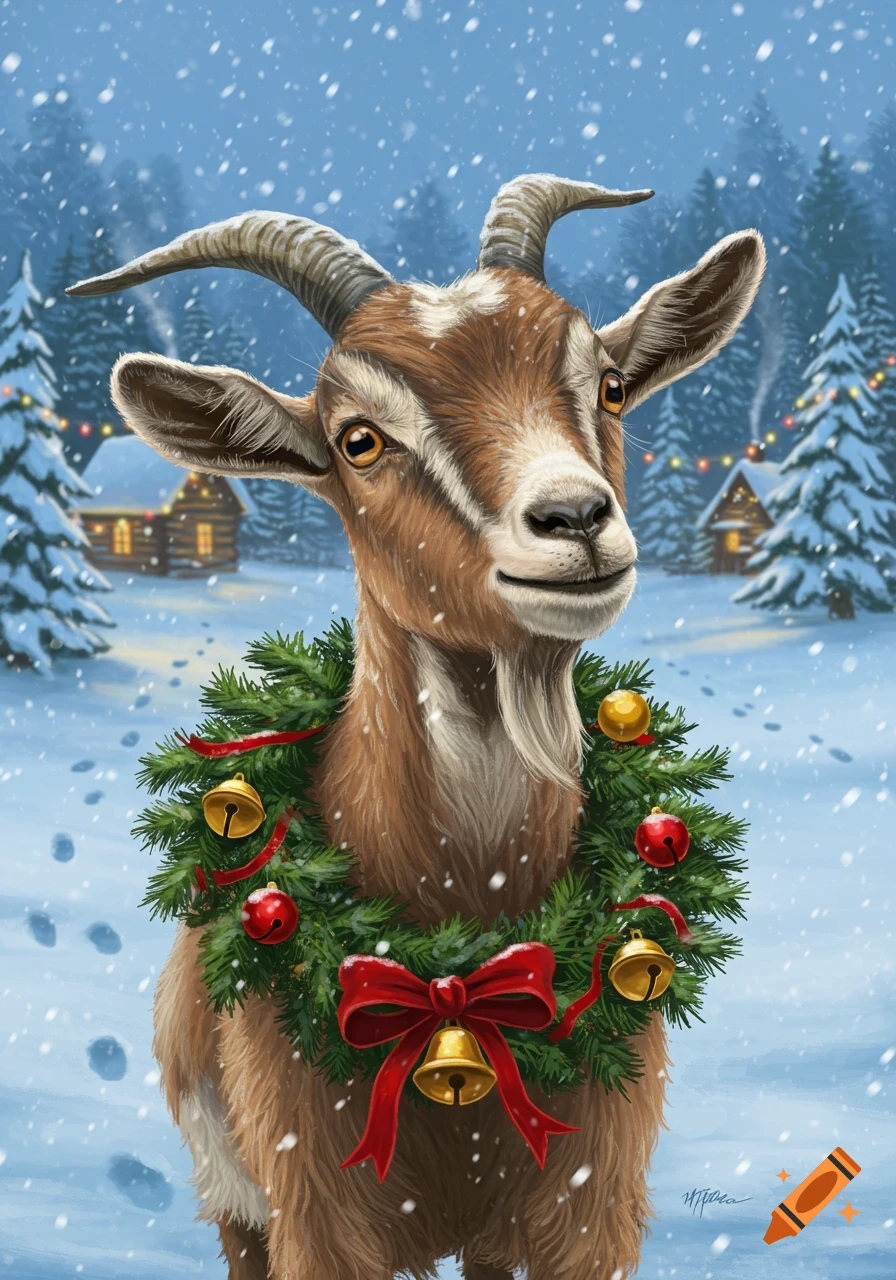 A smiling brown and white goat wearing a festive Christmas wreath with red and gold ornaments in a snowy forest scene with cabins and decorated pine trees.