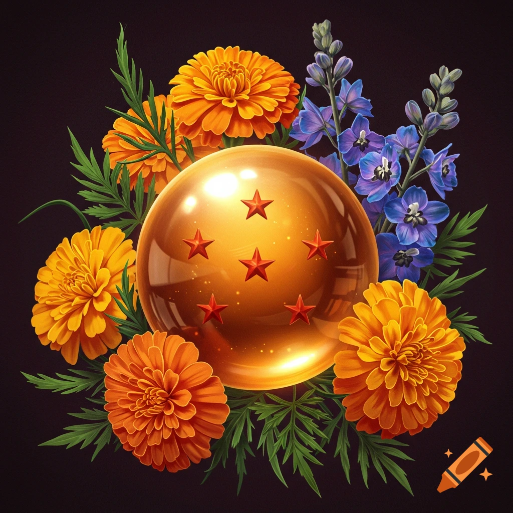 A glossy four-star Dragon Ball surrounded by vibrant orange marigold and purple larkspur flowers, digital illustration.