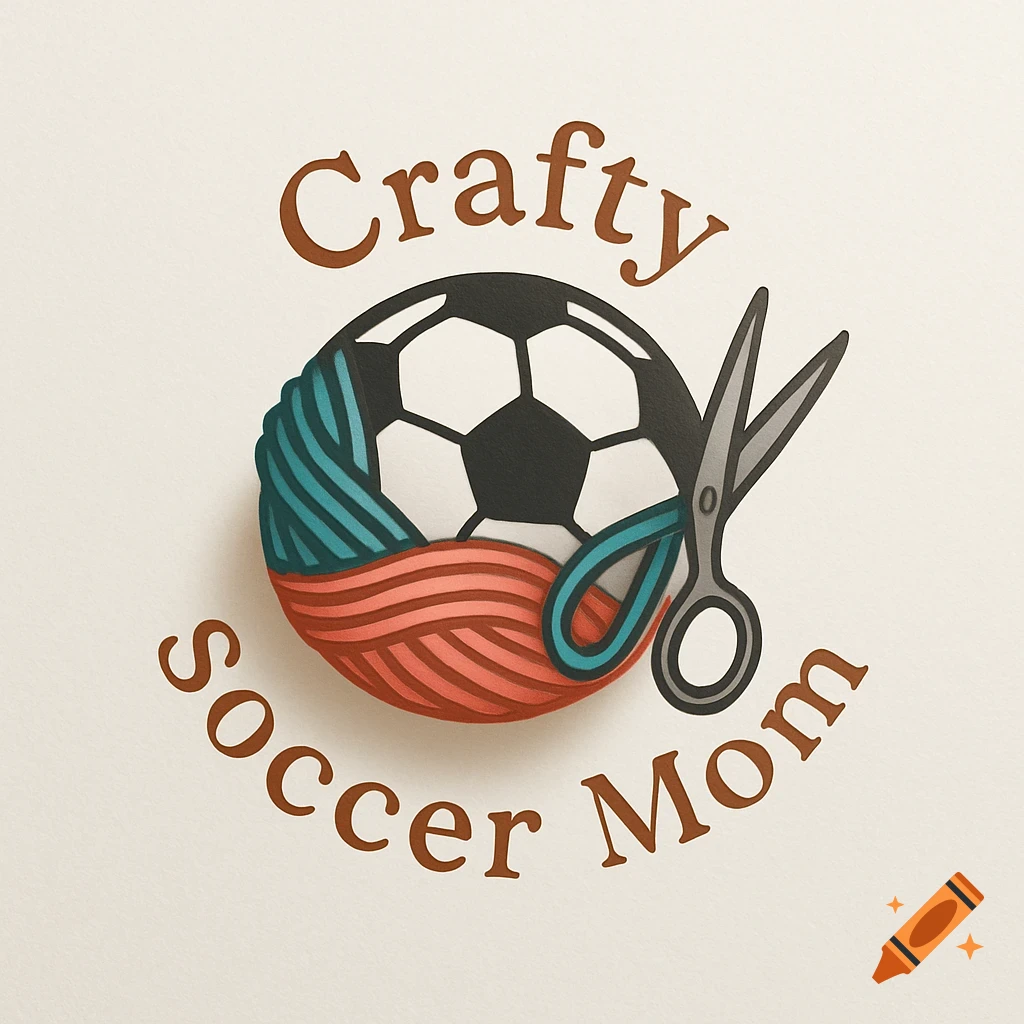 A logo featuring a soccer ball intertwined with red and teal yarn, with silver scissors, and the text "Crafty Soccer Mom".