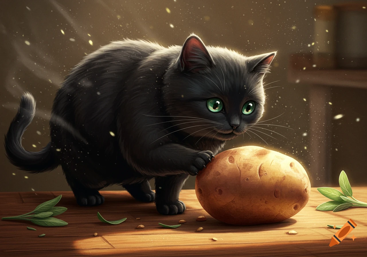 A cute fluffy black cat with bright green eyes gently paws a large potato on a wooden surface with herbs.