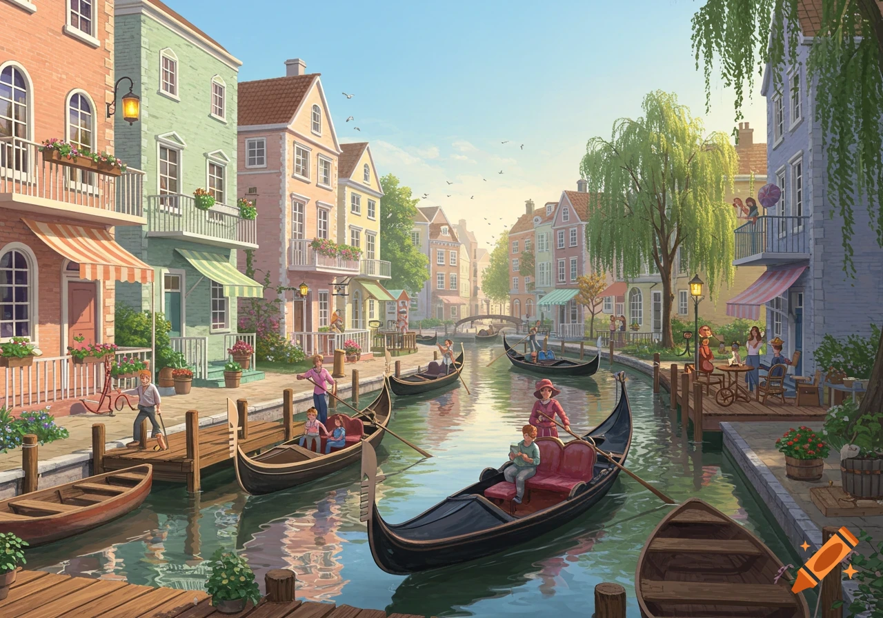An idyllic illustration of a colorful town with canals, where people navigate in boats. Pastel houses line the waterways under a bright sky.