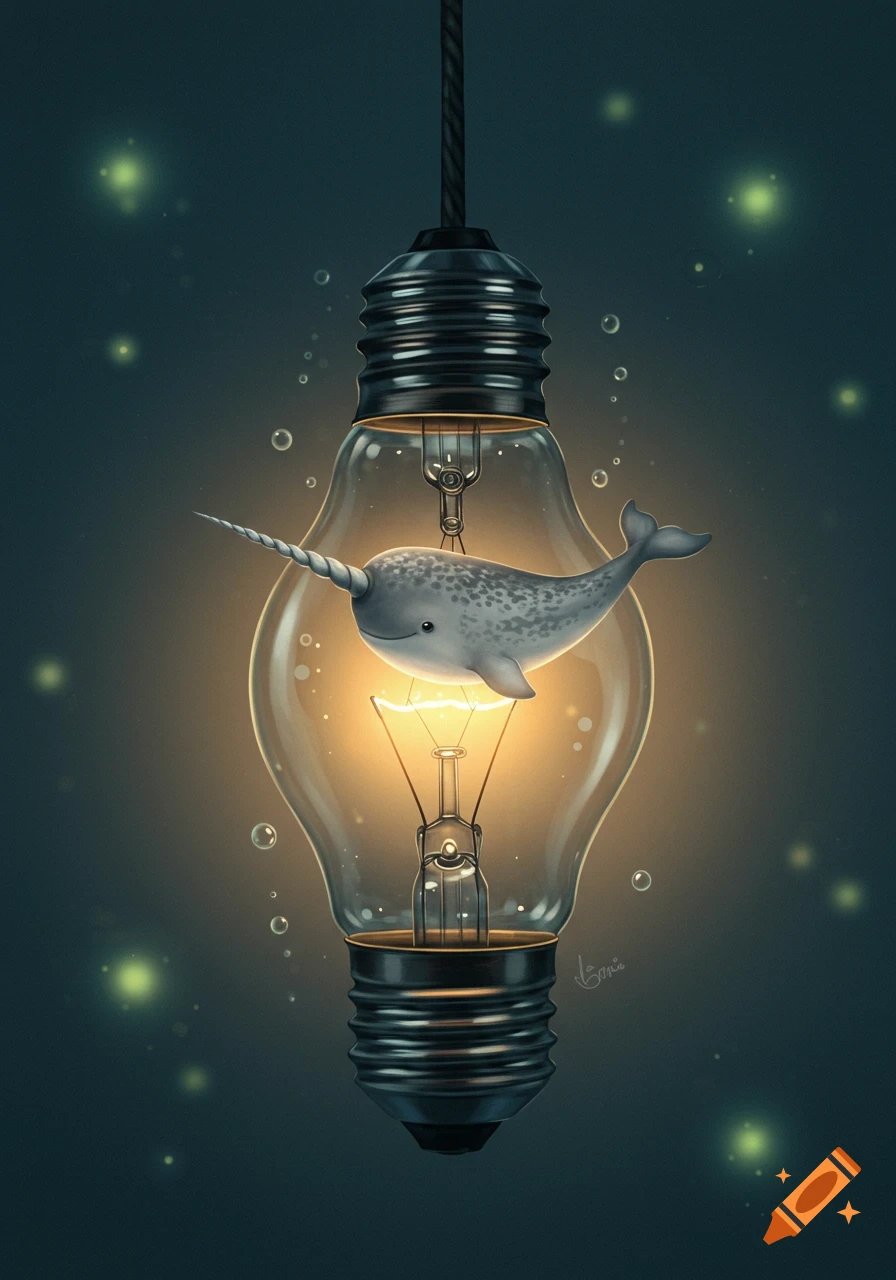Whimsical illustration of a narwhal swimming inside a glowing lightbulb, with bubbles in a dark, ethereal background.