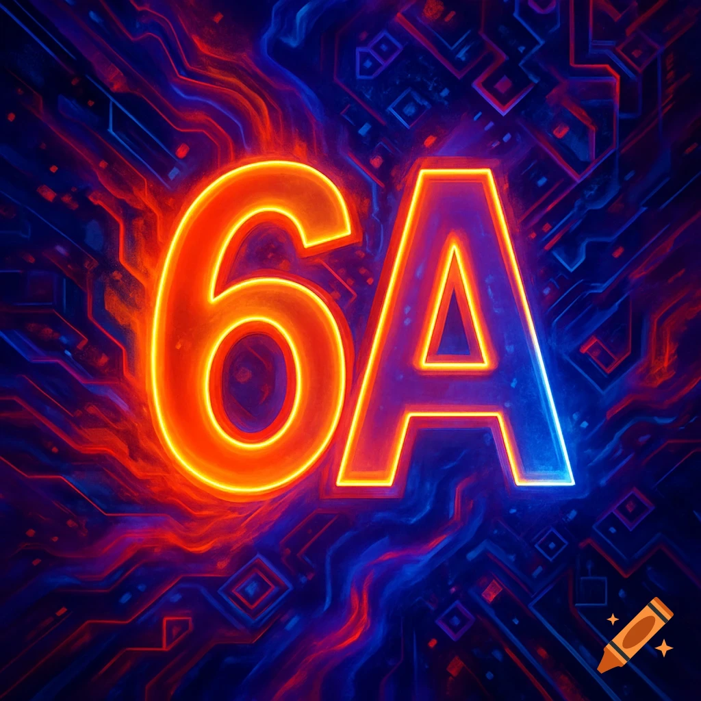 Glowing orange and blue '6A' text against a dark, abstract circuit board background.
