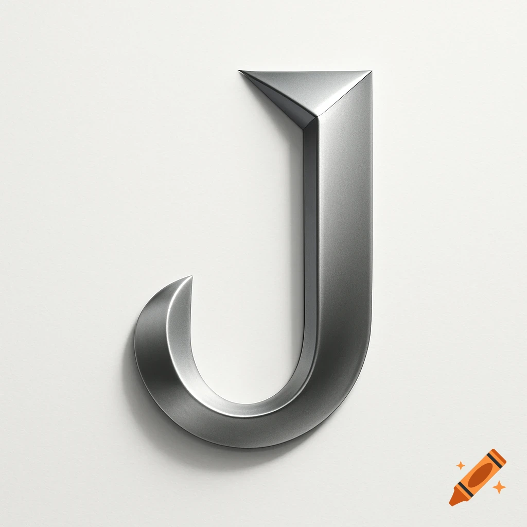 A stylized, metallic silver 3D letter J with sharp edges and a curved base, casting a shadow on a bright white background.