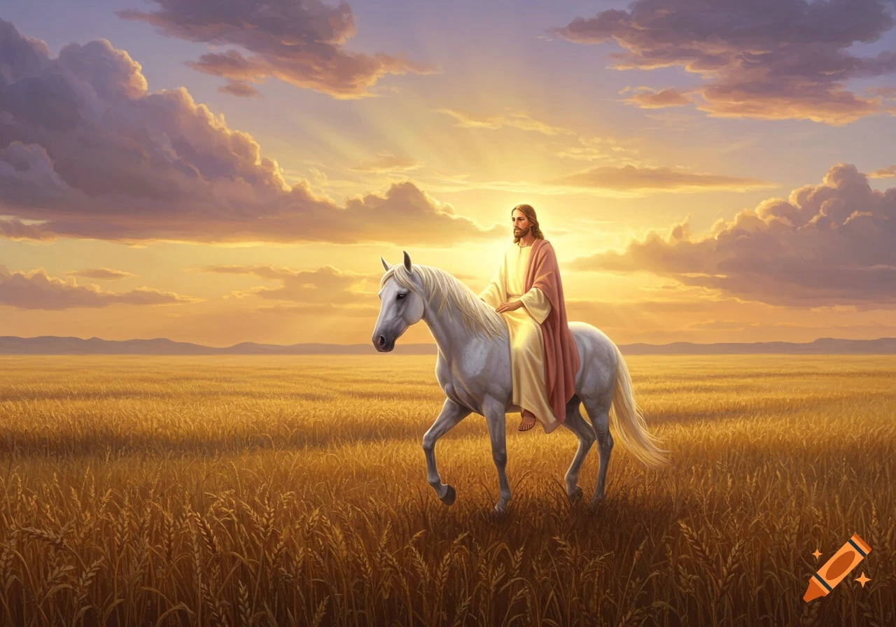 Jesus rides a white horse through a golden wheat field at sunset, with sun rays piercing through the clouds in a stylized painting.