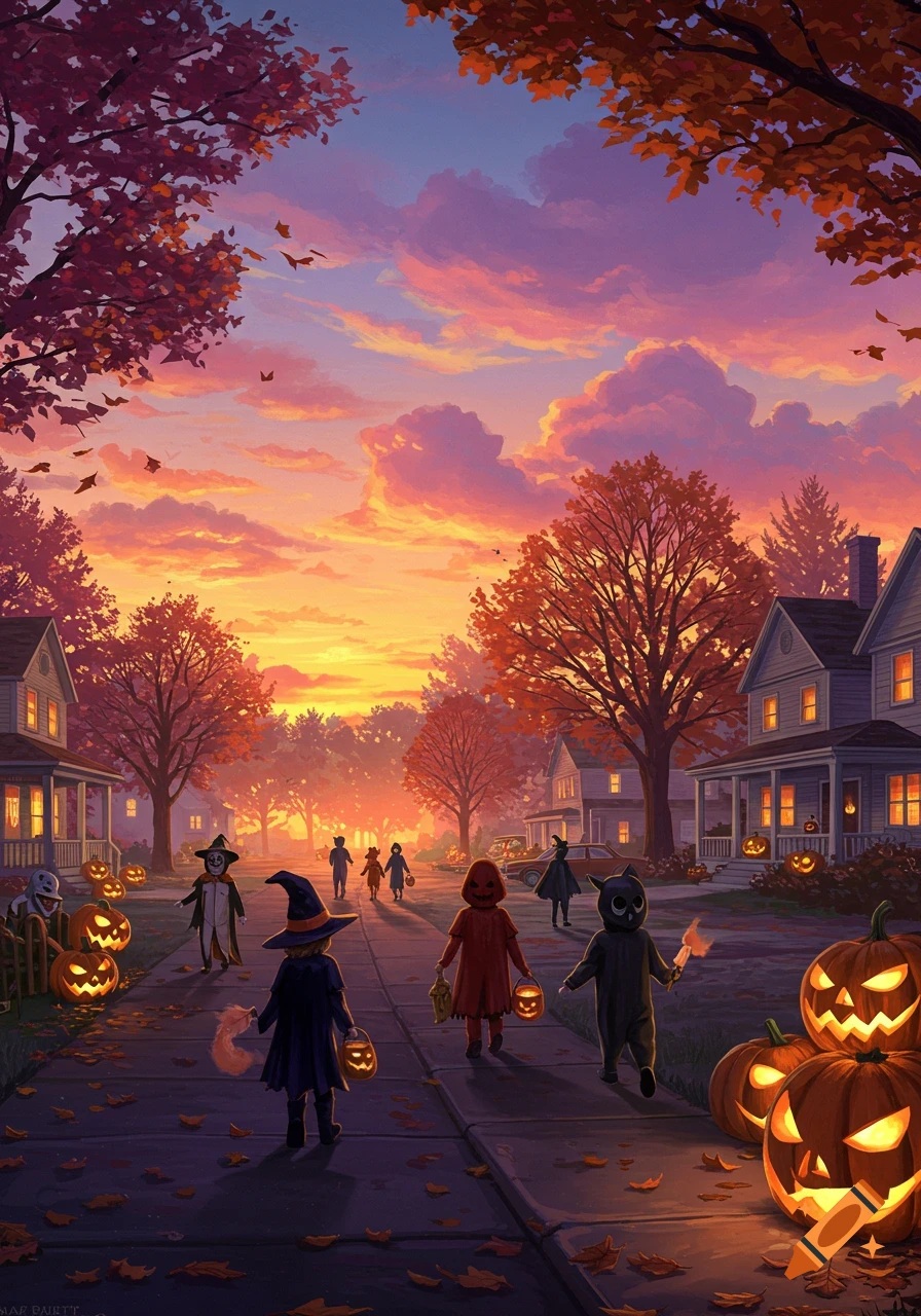 Children trick-or-treating in Halloween costumes on a street with glowing jack-o'-lanterns during a vibrant autumn sunset, illustrative style.