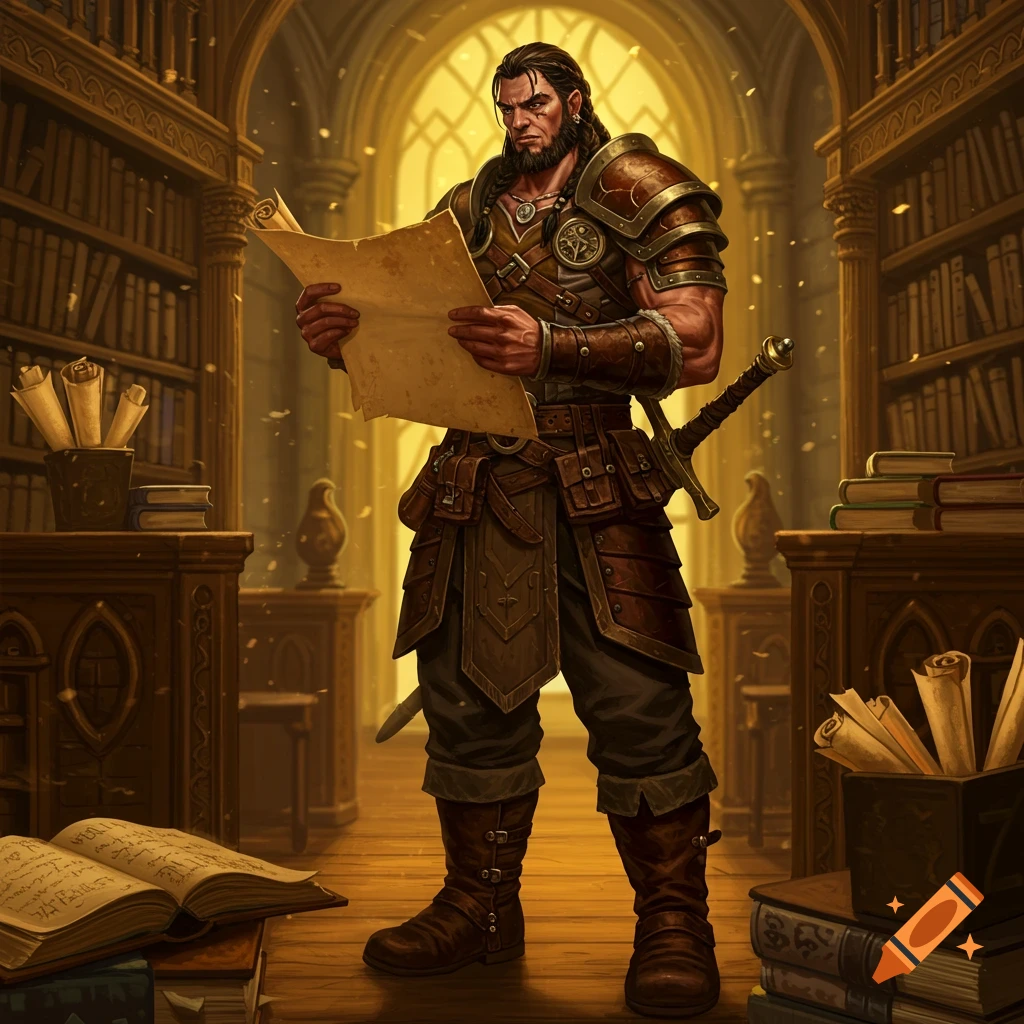 A bearded, armored barbarian-like man reads a scroll in a grand library filled with bookshelves and golden light.