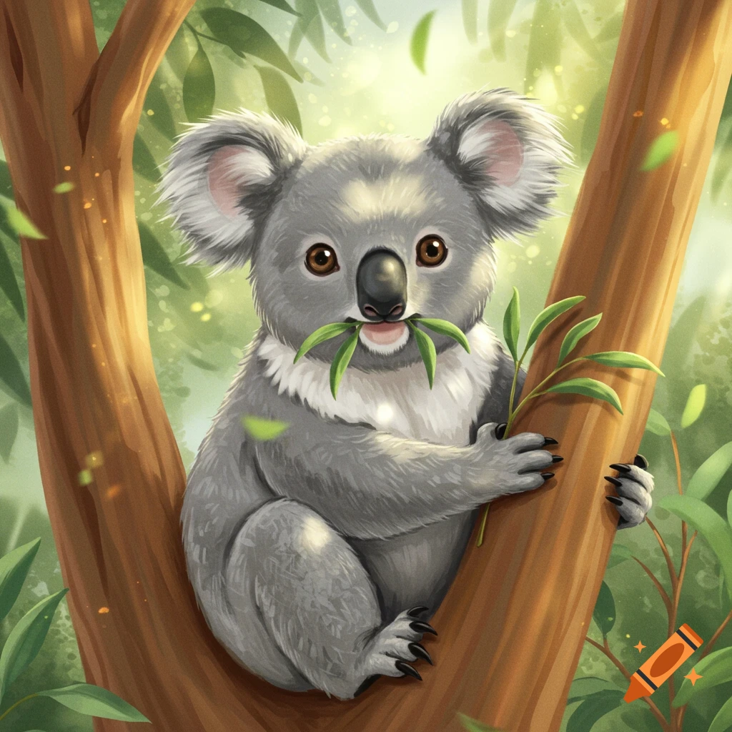 Cute cartoon koala bear sitting in a tree, holding and eating green eucalyptus leaves.