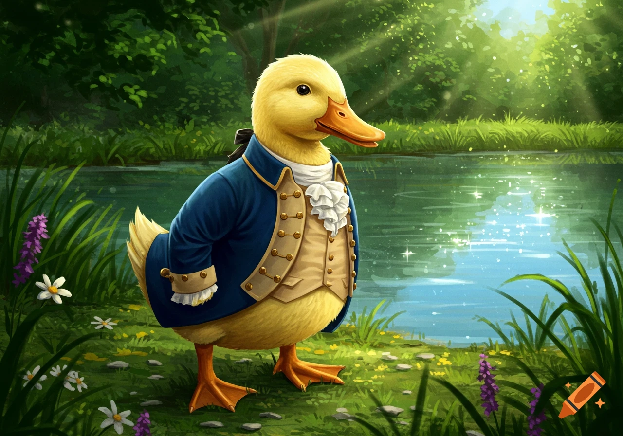 A yellow duck in an elaborate blue and tan historical coat and ruffled white shirt stands by a sparkling pond in a lush forest.
