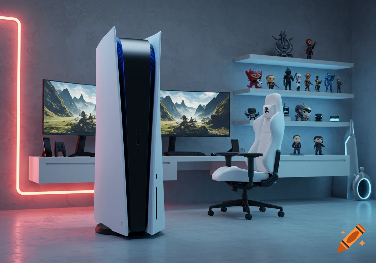 A PlayStation 5 console in a modern gaming room with dual monitors displaying a landscape, a white gaming chair, and shelves of collectible figures.
