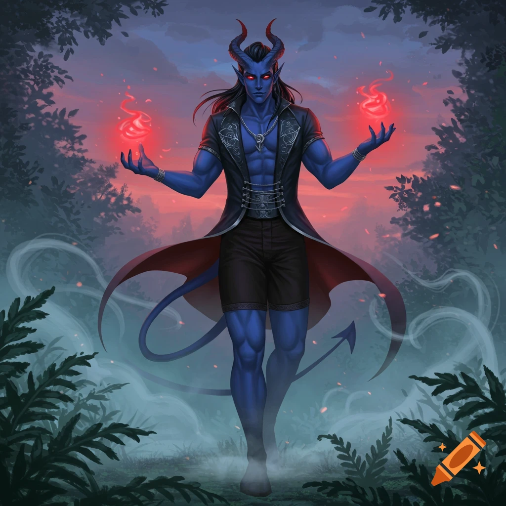 Blue-skinned male Tiefling with horns, tail, and red glowing eyes, holding red flames in a misty forest at dusk.