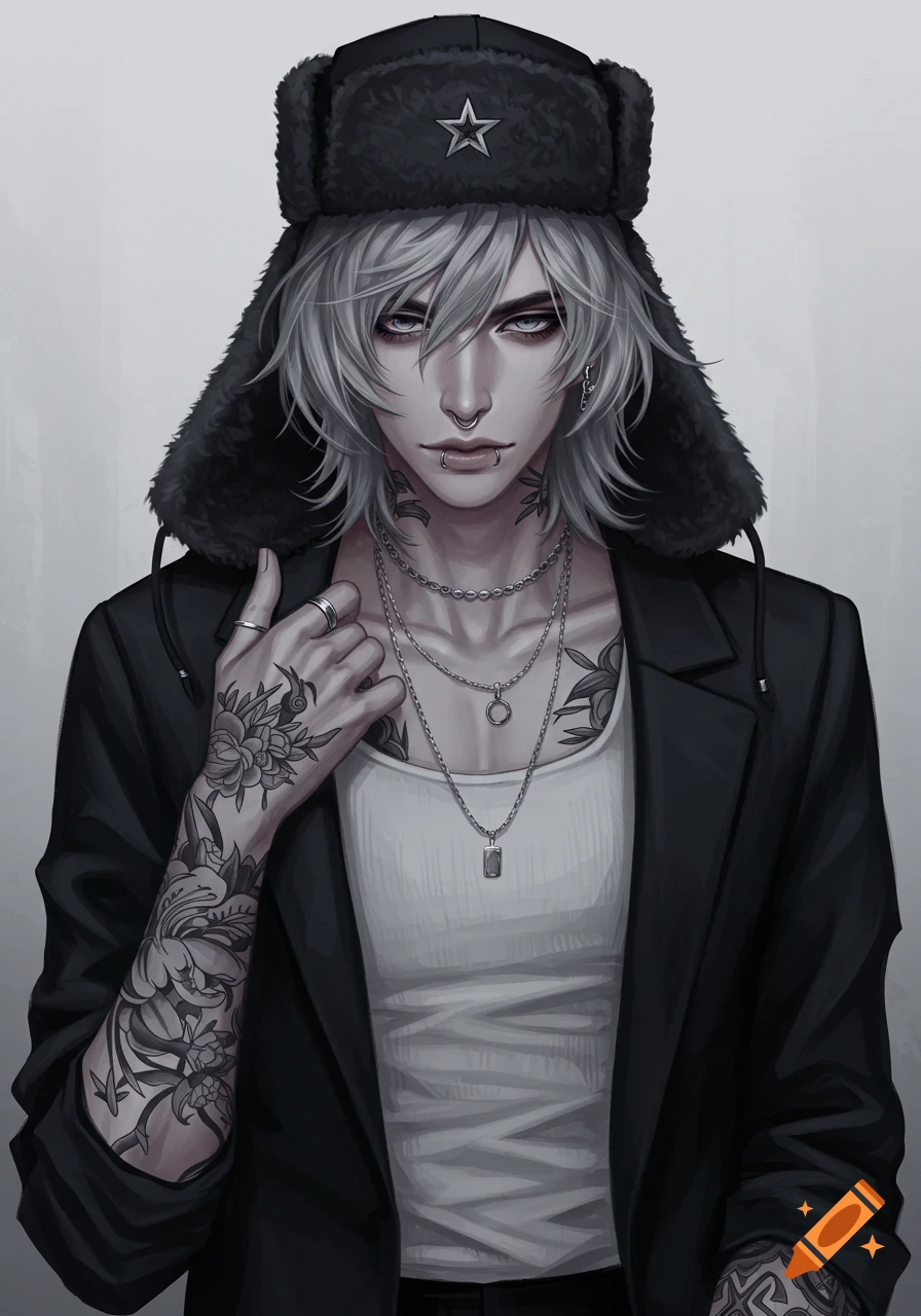 Digital art portrait of a gothic man with gray hair, ushanka, piercings, and tattoos.
