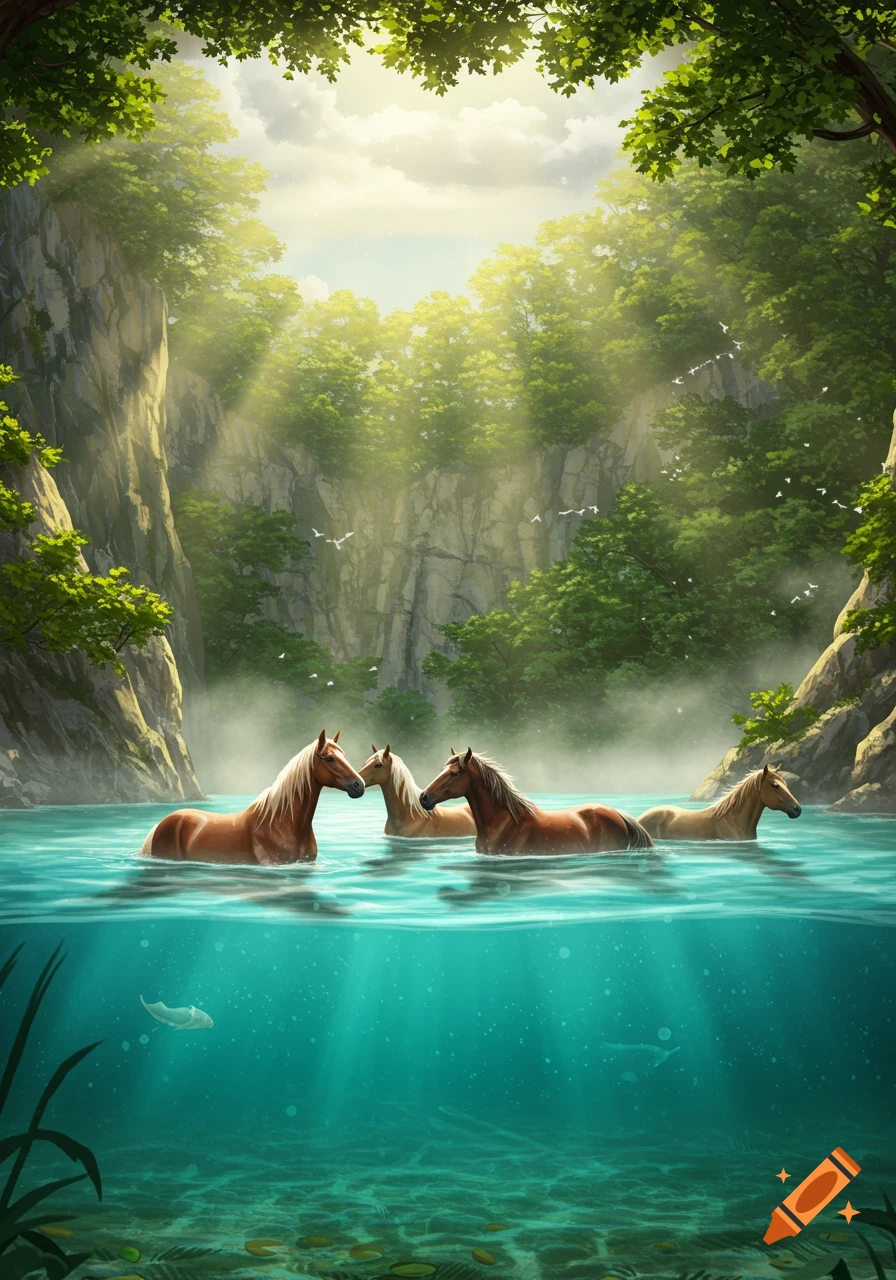 Four brown horses wading in a clear blue river, surrounded by dense green forests and rocky cliffs, with an underwater view.