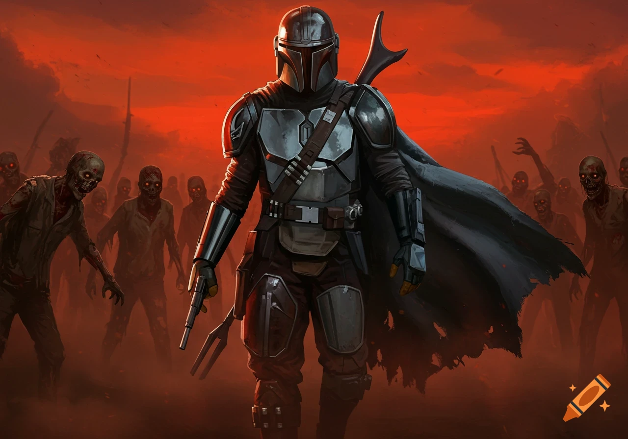 Mandalorian in beskar armor holding a pistol, facing an army of zombies under a red sky, digital art.