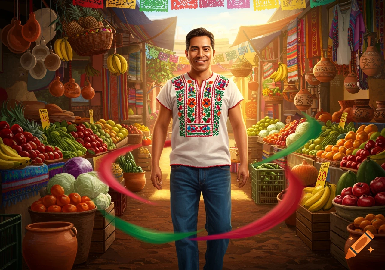 A smiling man in a white embroidered shirt and jeans stands amidst a vibrant Mexican market with colorful fruits, vegetables, and decorations.