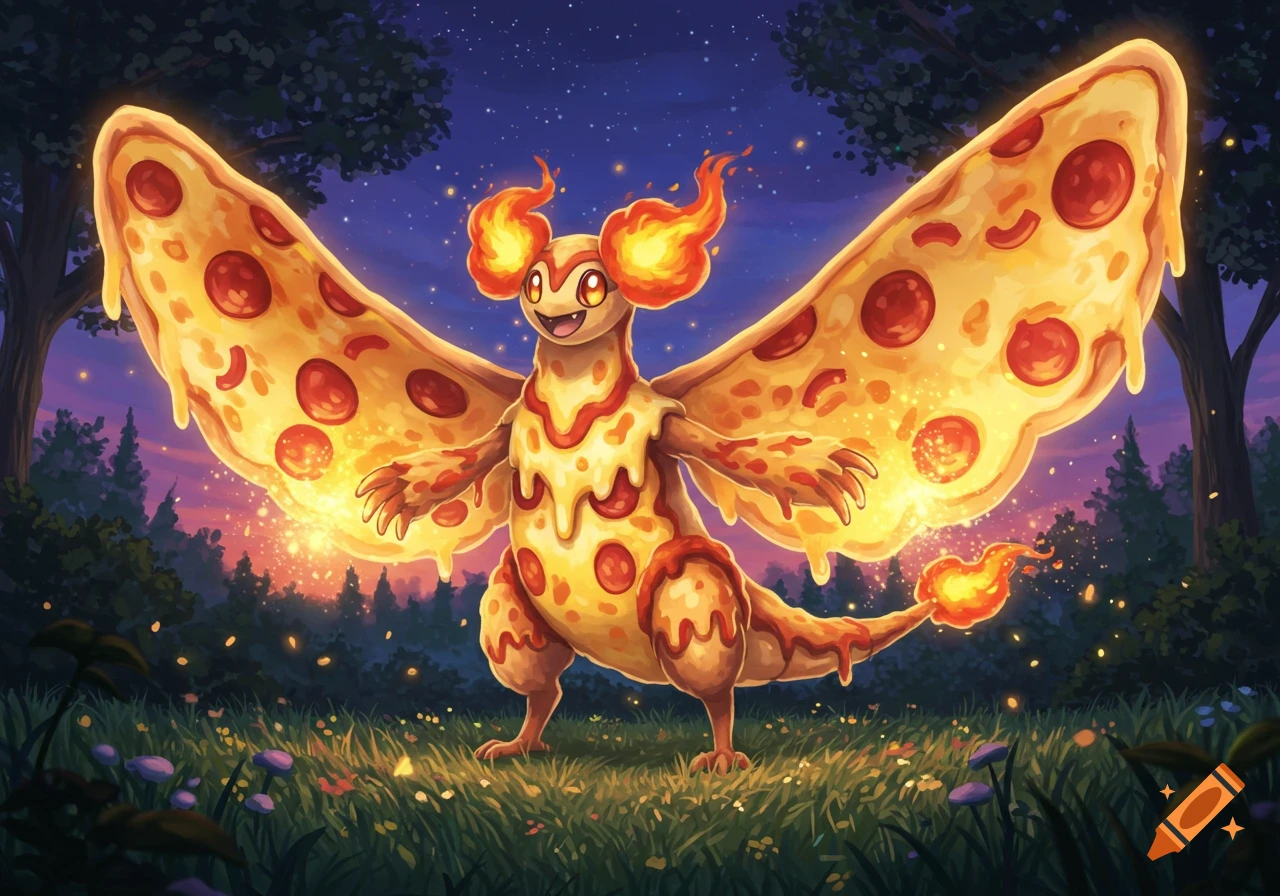 A vibrant, cartoonish fire and pizza-themed creature with large pizza slice wings stands in a magical forest at sunset.