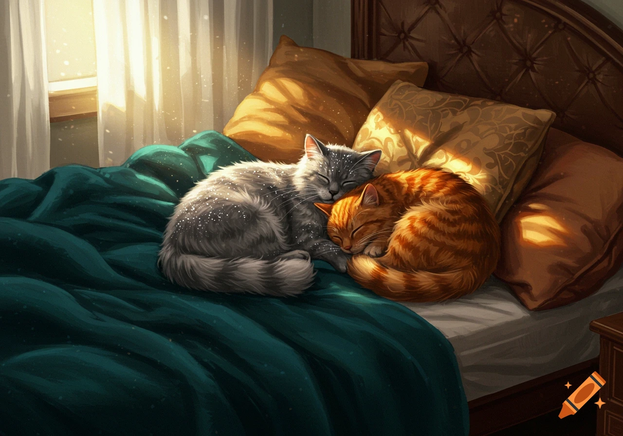 A grey cat and an orange cat curled up and sleeping together on a teal bed in warm sunlight.