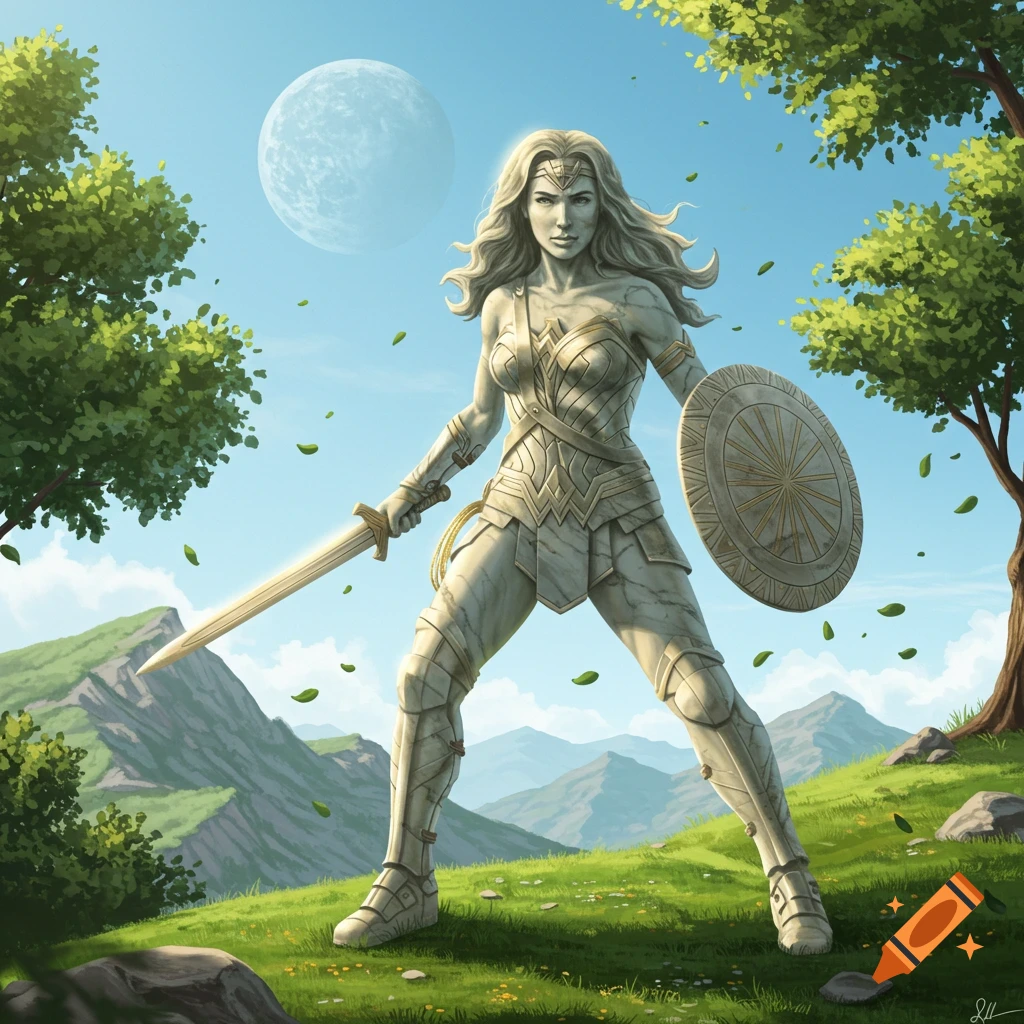 Wonder Woman marble statue with sword and shield in a fighting pose on a grassy hill. Trees, mountains, and a moon fill the background.