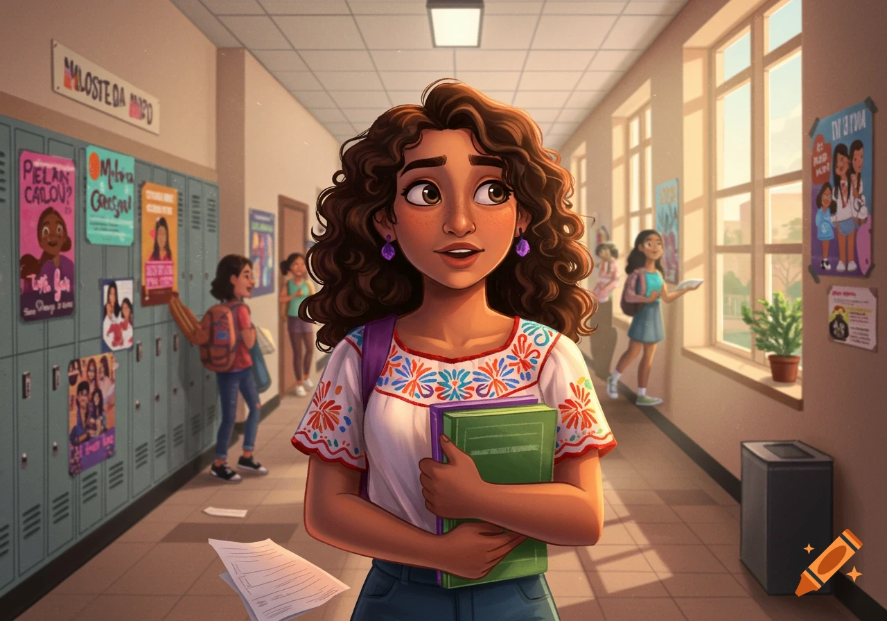 Cartoon illustration of a young girl with curly brown hair, wearing an embroidered white top, standing in a school hallway and holding books.