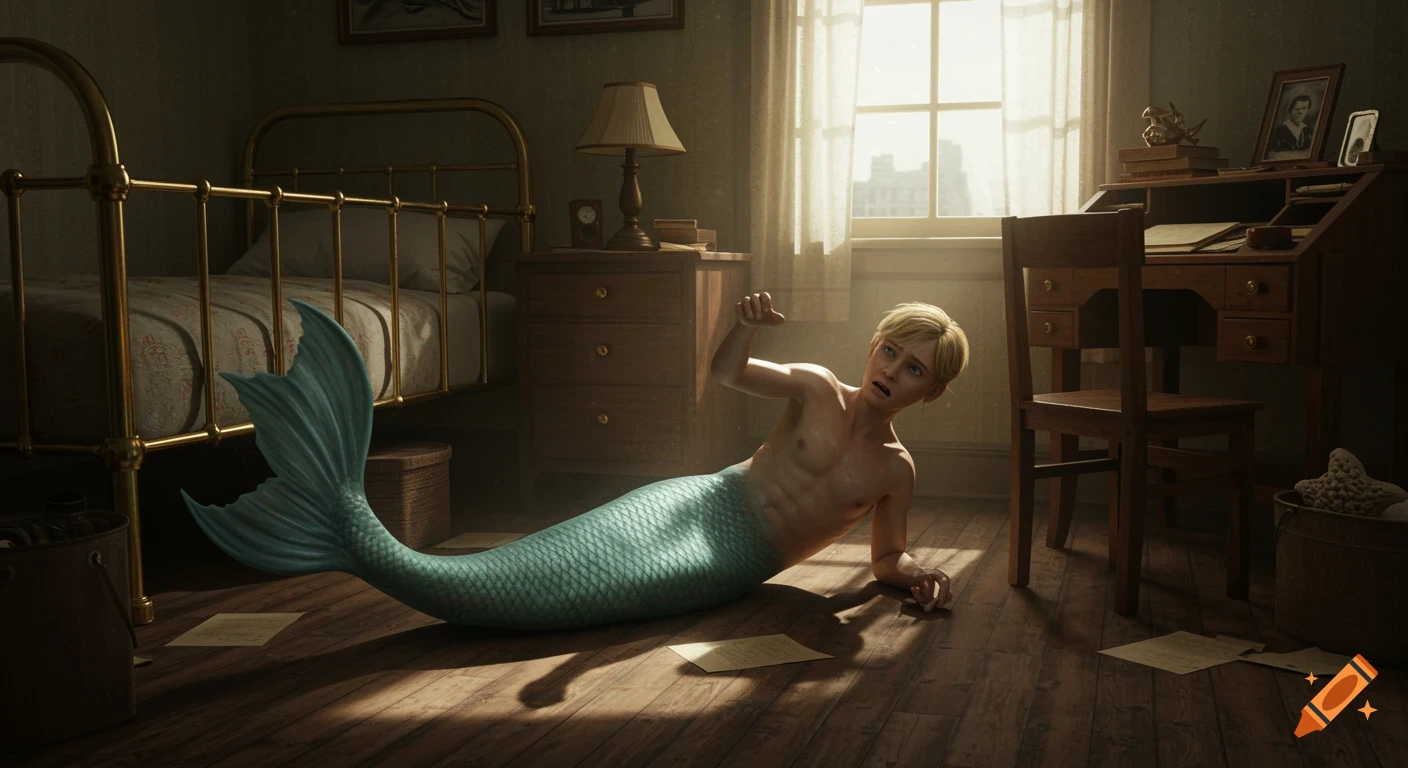 A blond merman in distress lies on the floor of a sunlit, vintage-style bedroom, struggling to get up. Photorealistic.