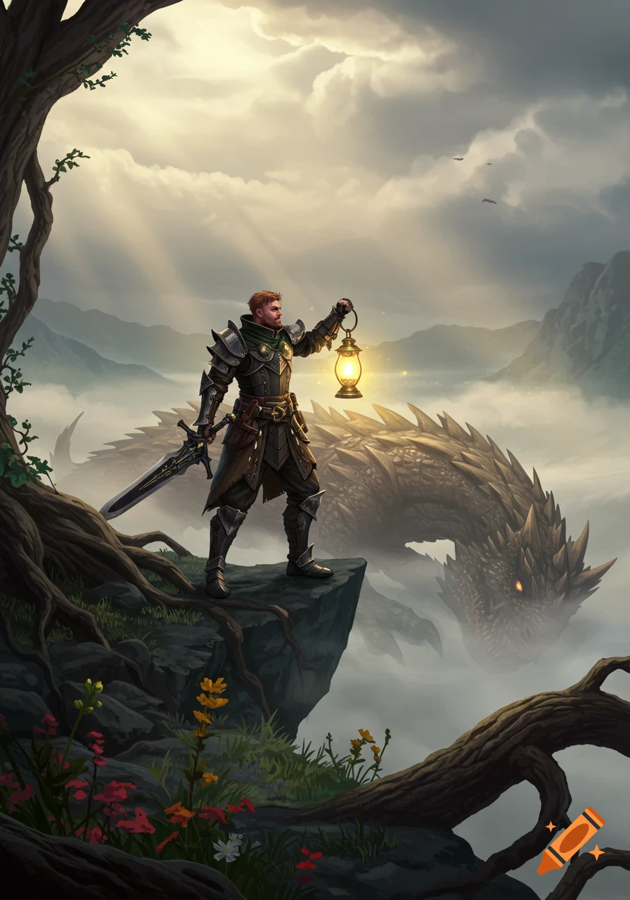 A fantasy warrior in armor stands on a misty cliff holding a lantern, a large dragon looms in the background.