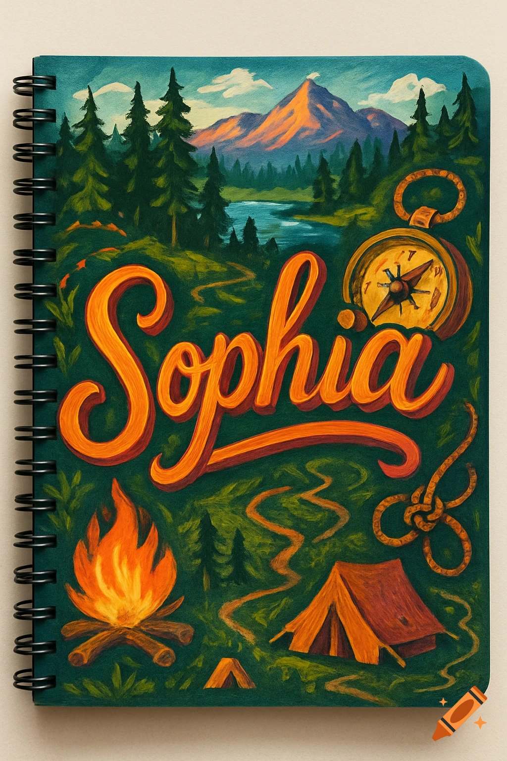 Illustrated camping-themed notebook cover with 'Sophia', mountains, forest, river, campfire, tent, and compass.