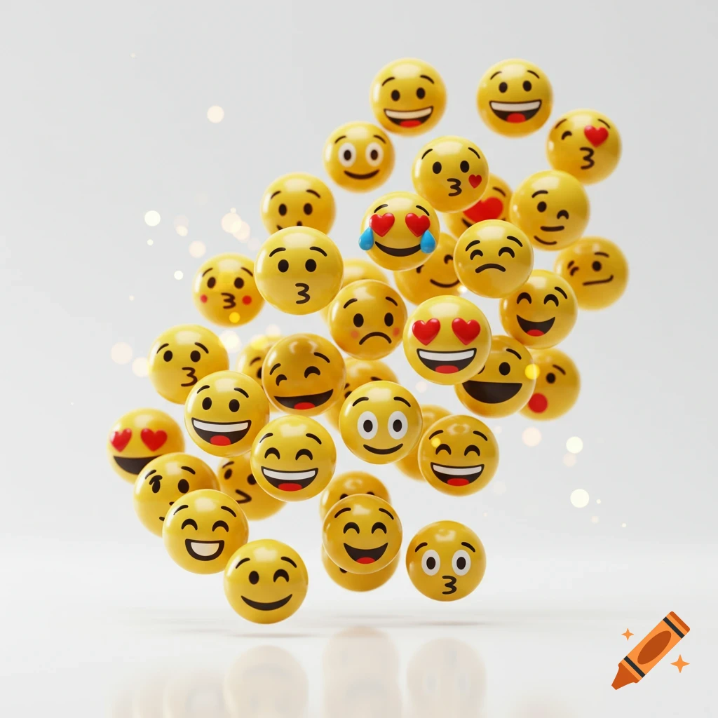 A vibrant 3D rendering of various yellow emojis with different facial expressions floating on a white background with subtle reflections.