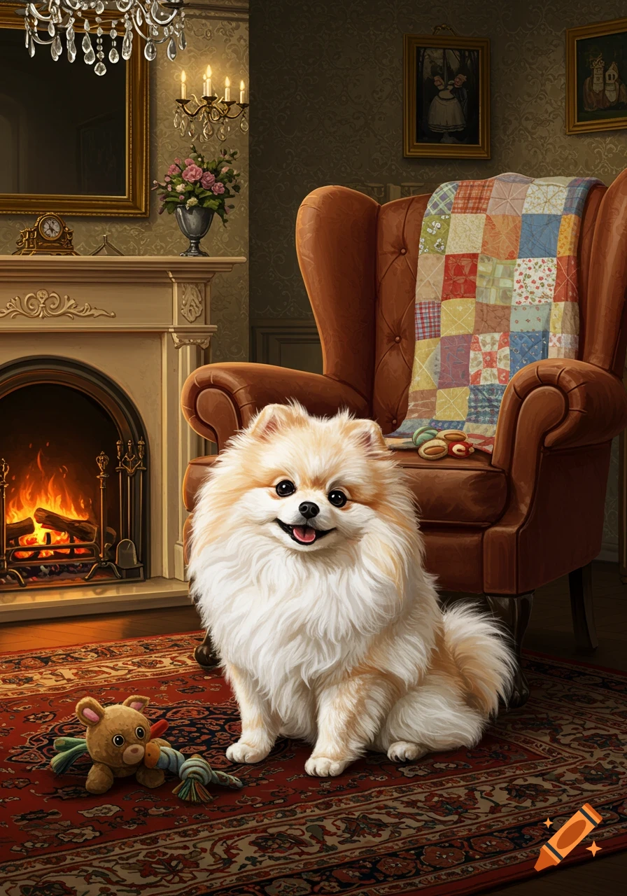 A fluffy Pomeranian dog sits on a patterned rug in a cozy living room with a lit fireplace and a brown armchair draped with a patchwork quilt.