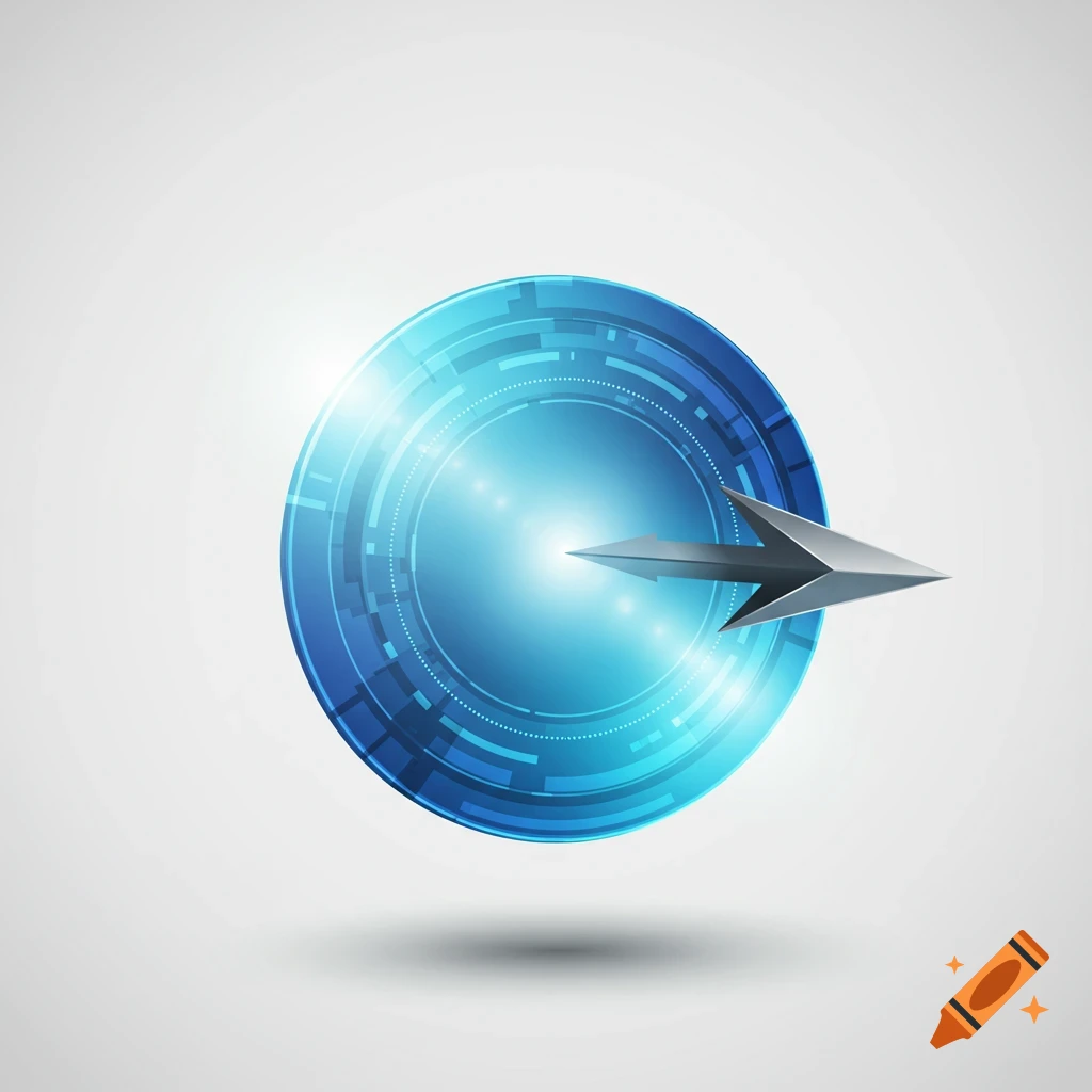 A blue glowing futuristic circular graphic with a metallic grey arrow piercing through its center, pointing right on a white background.