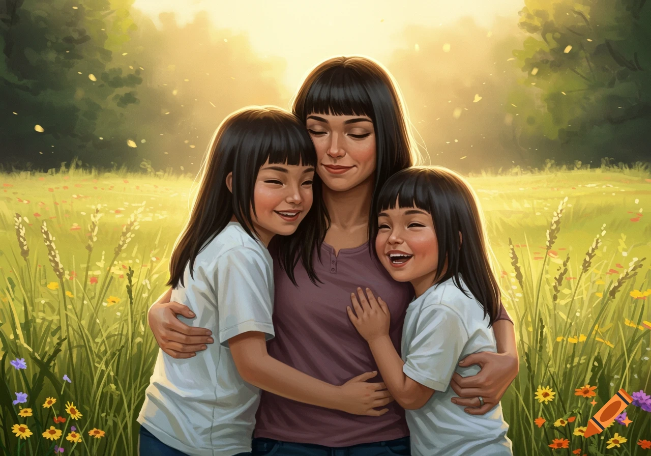 A mother lovingly hugs two smiling children with long dark hair in a sunny, flower-filled field, in a digital painting style.