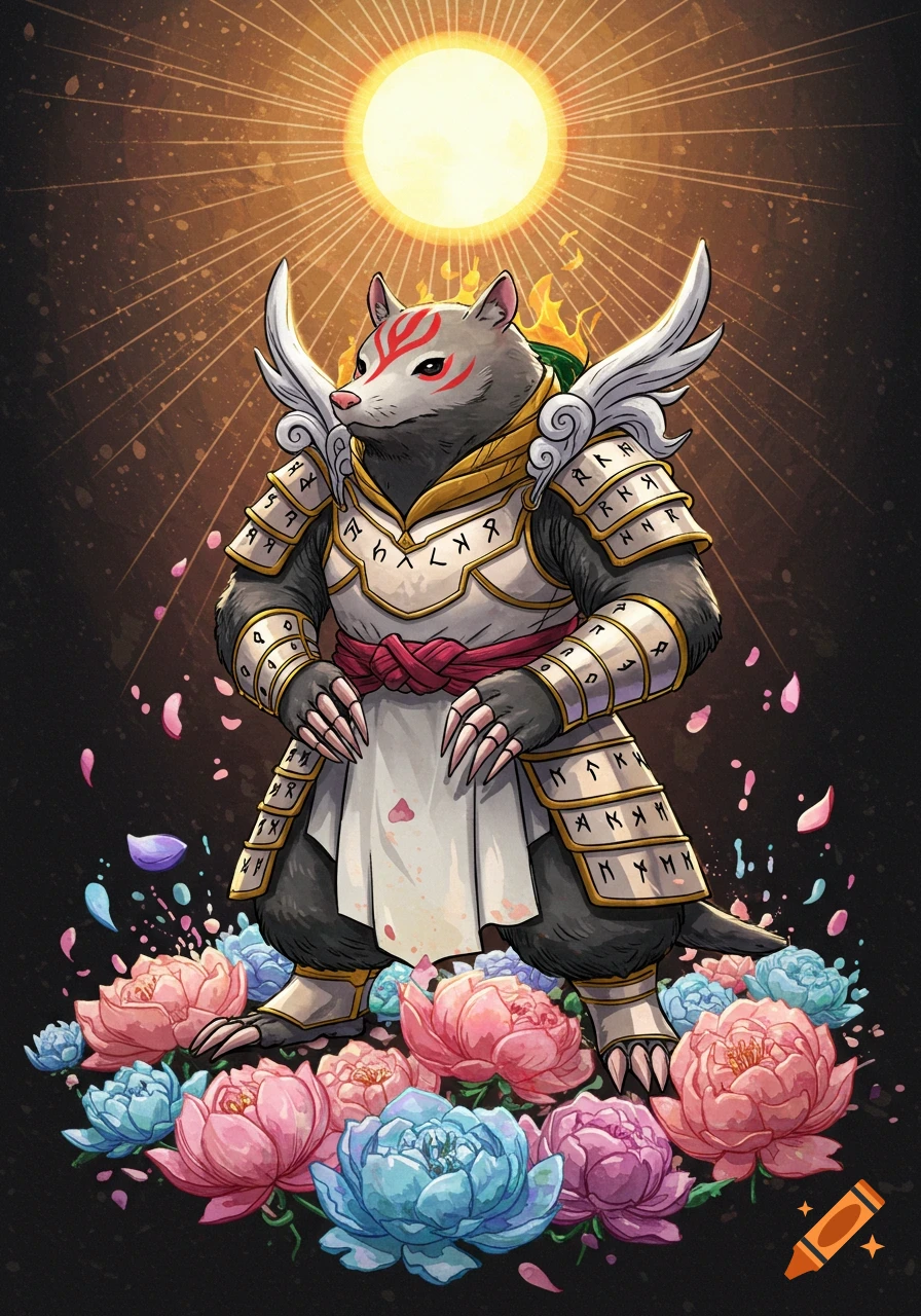 A stylized mole warrior with white and gold armor, red facial markings, and large claws stands amidst pink and blue peonies under a radiating yellow sun.