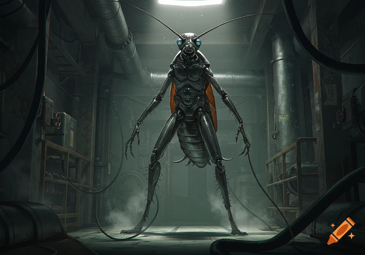 A photorealistic humanoid cockroach stands in a dimly lit, grimy industrial facility filled with pipes and wires.