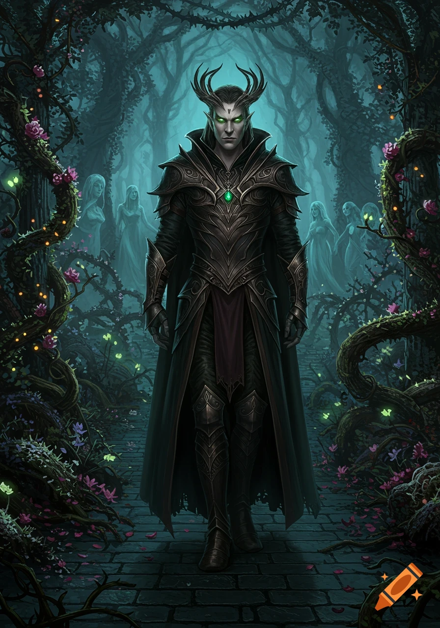 A dark fantasy horned elf-like man in ornate armor stands in a mystical forest with glowing plants and ghostly figures.