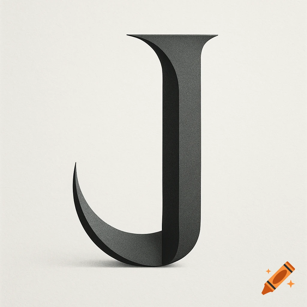 A dark grey, textured, three-dimensional letter J with a modern design on a light background.