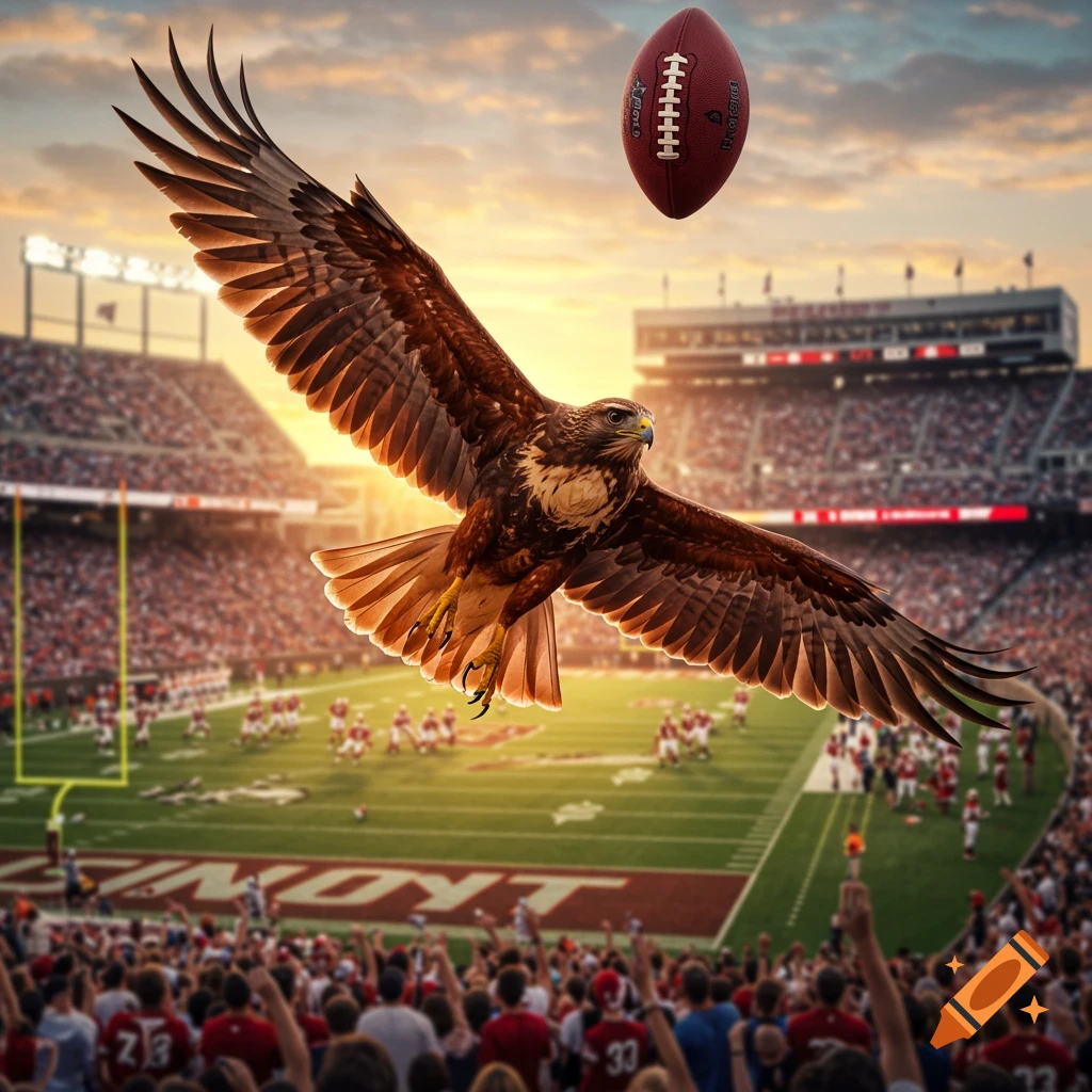 A majestic hawk soars above a crowded football stadium at sunset, with a football floating in the air nearby.