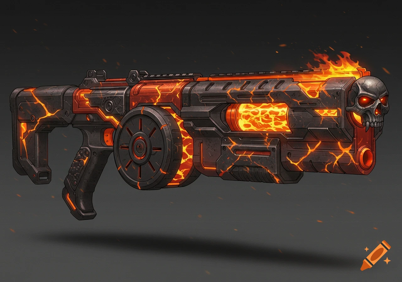 A stylized fiery blaster with a skull on the barrel and glowing orange magma cracks.