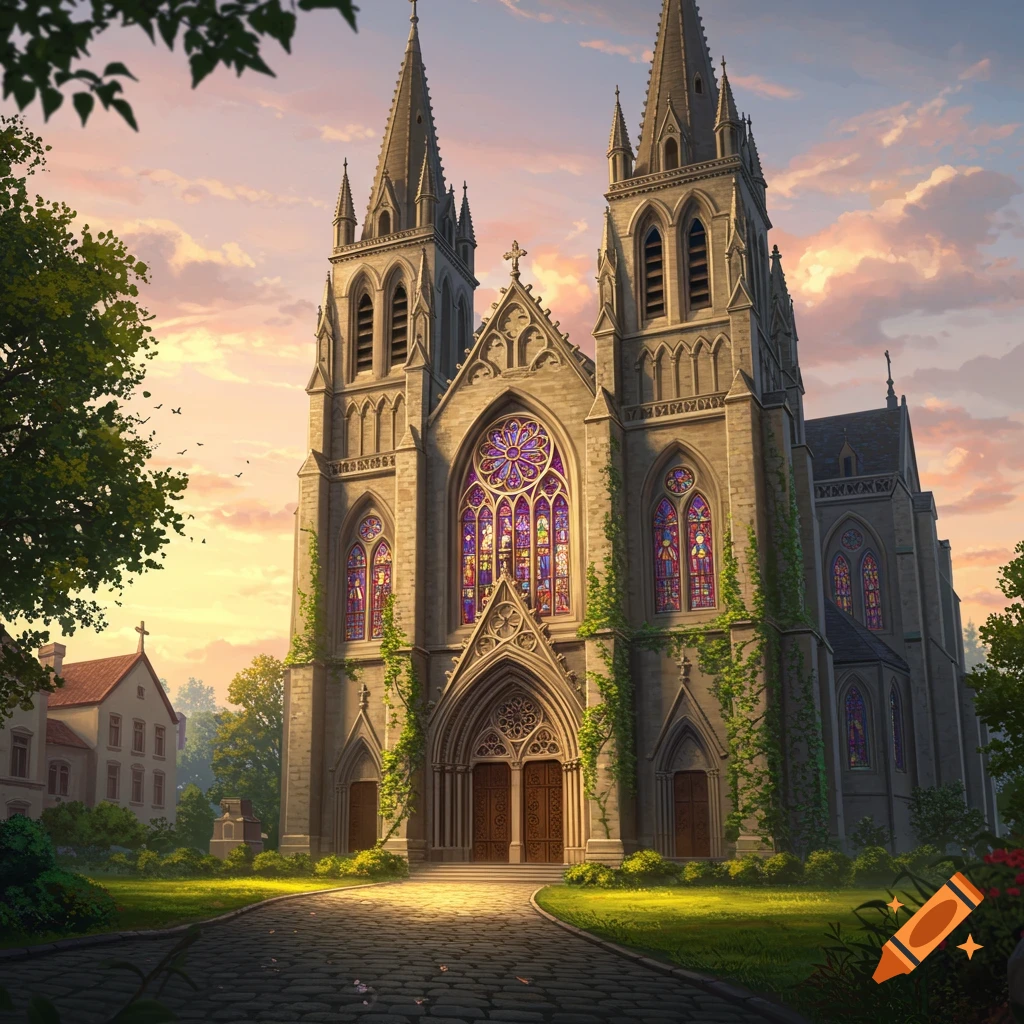 Grand Gothic church with colorful stained-glass windows at sunset, surrounded by green trees and a stone path.