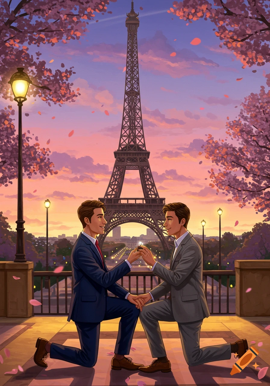 Illustrated scene of two men, one kneeling to propose with a ring to the other, in front of the Eiffel Tower at sunset.