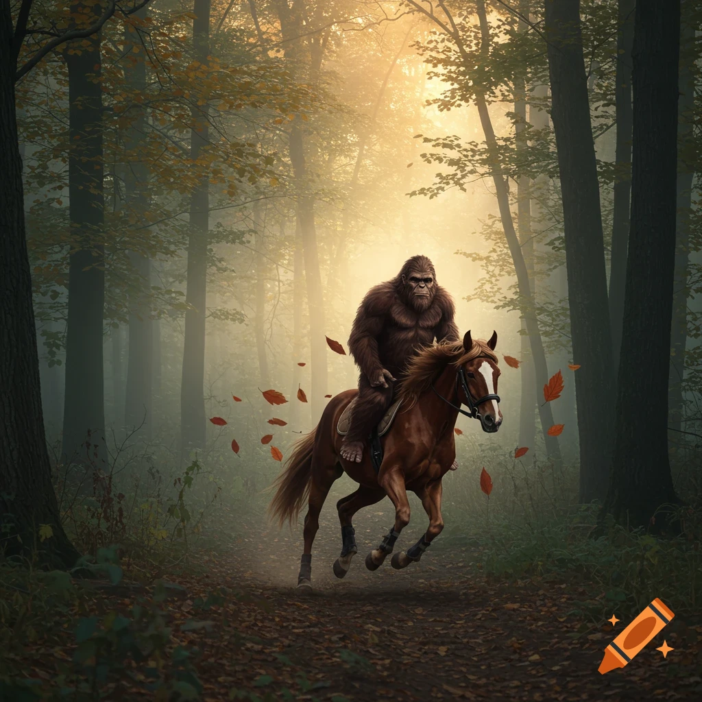 A photorealistic image of a brown sasquatch riding a brown horse through a misty, sunlit autumn forest with falling leaves.