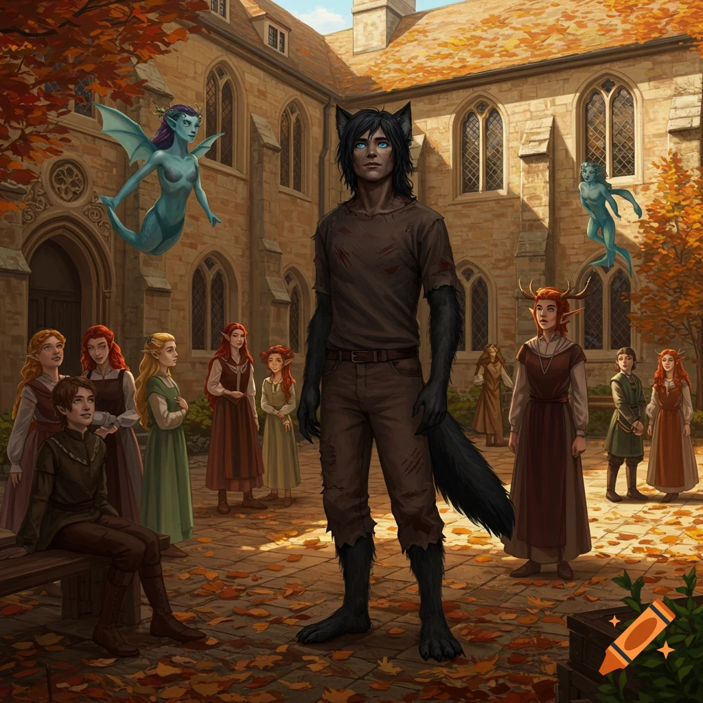 A tall werewolf teenager with blue eyes stands in a medieval school courtyard, surrounded by diverse fantasy students and autumn leaves.