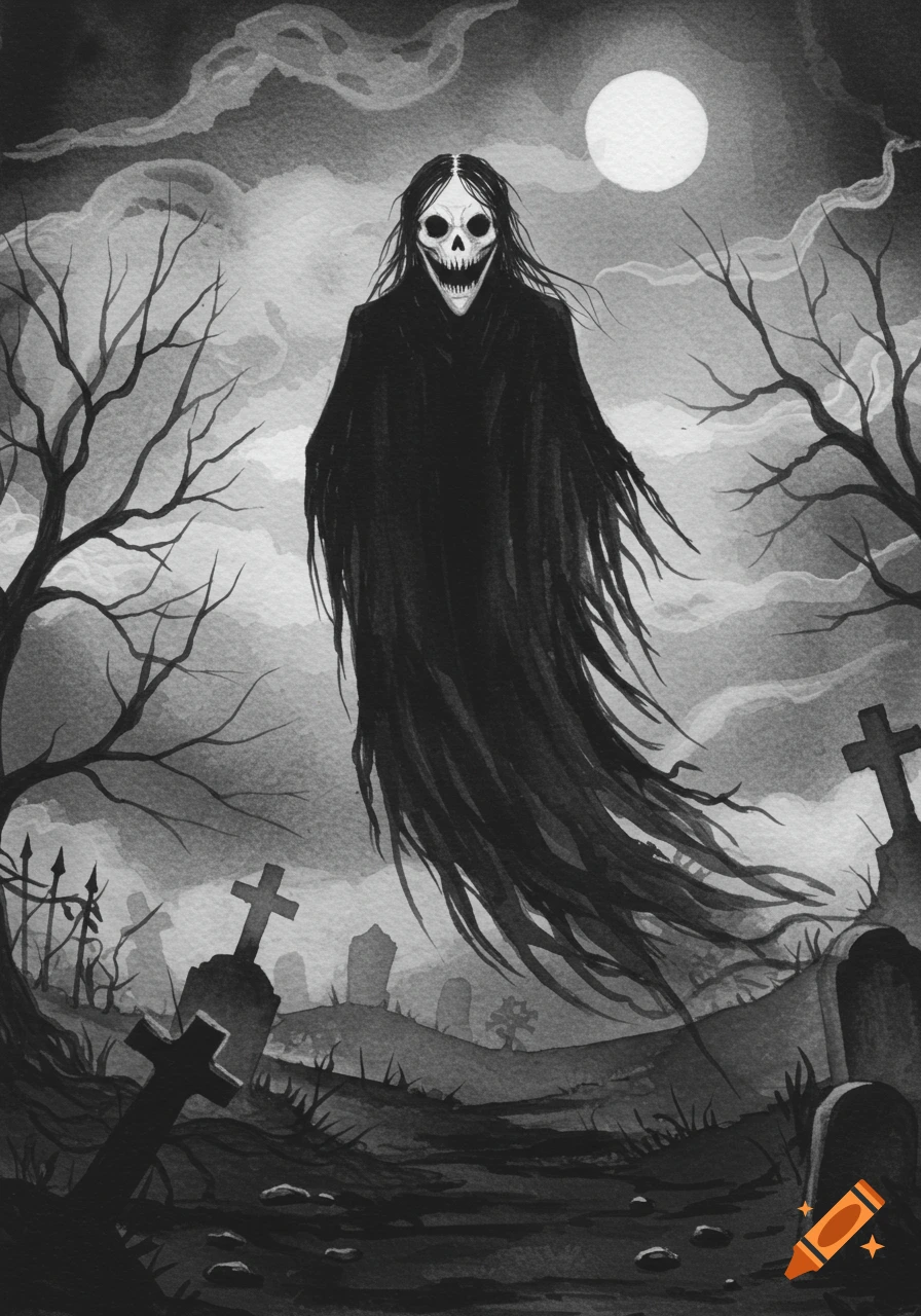 A black and white watercolor painting of a terrifying, grinning ghost with a skull face and long hair, floating above a spooky graveyard under a full moon.