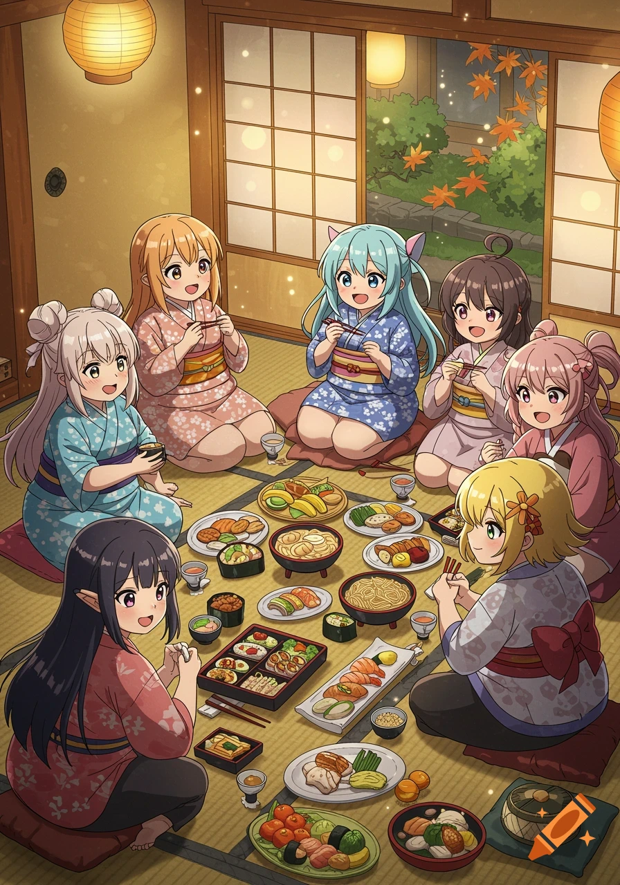 Seven anime girls in kimonos sit on floor cushions around a large spread of Japanese food in a traditional room with paper lanterns.