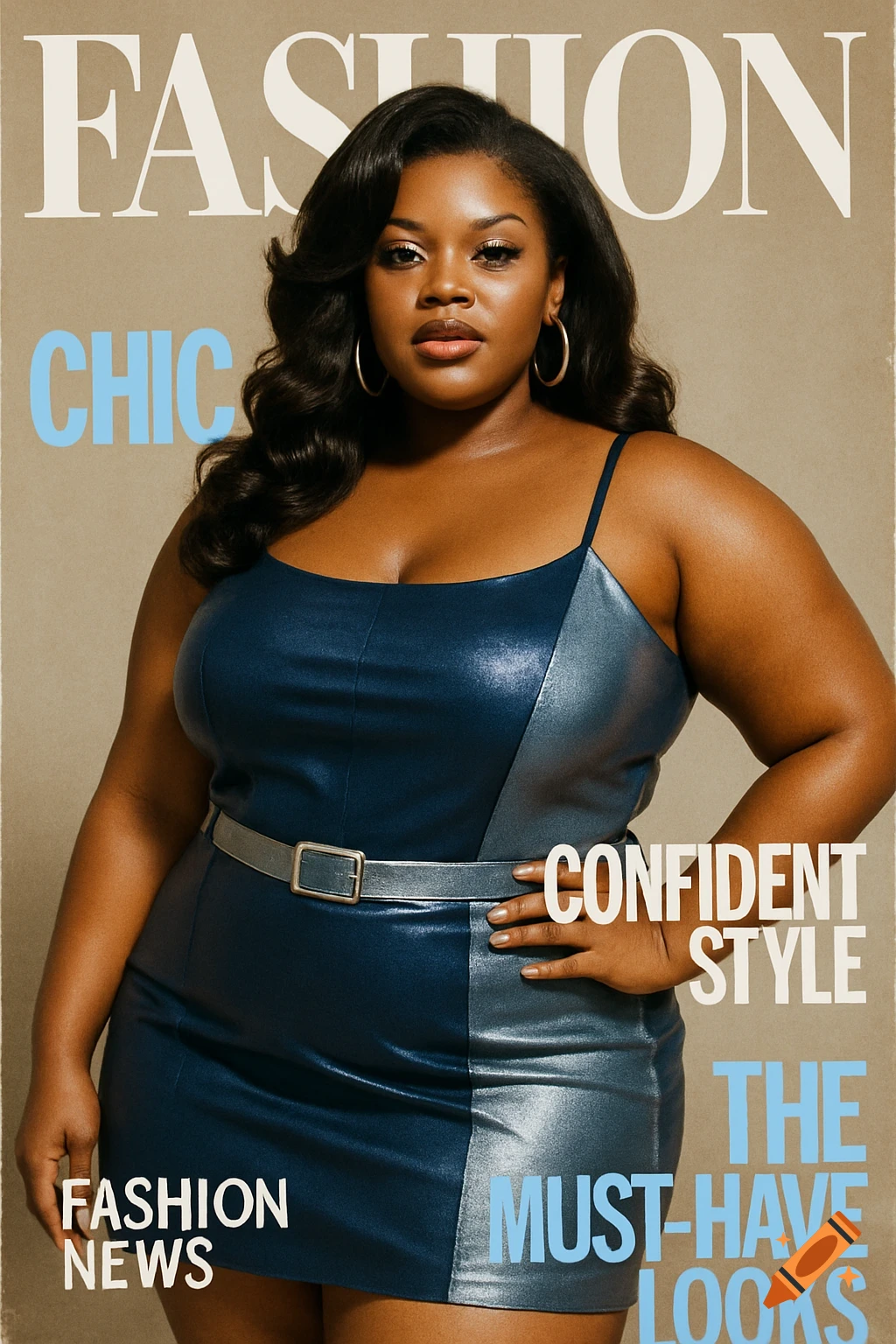 A plus-size Black woman poses confidently on a fashion magazine cover, wearing a two-tone metallic blue dress with a silver belt.