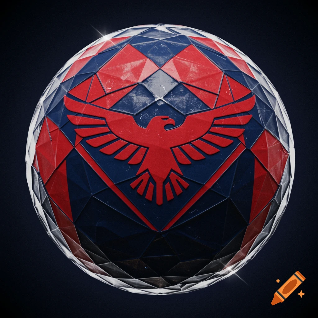 A red and blue faceted sphere resembling a golf ball, featuring a prominent red eagle emblem on a dark background in a 3D render style.
