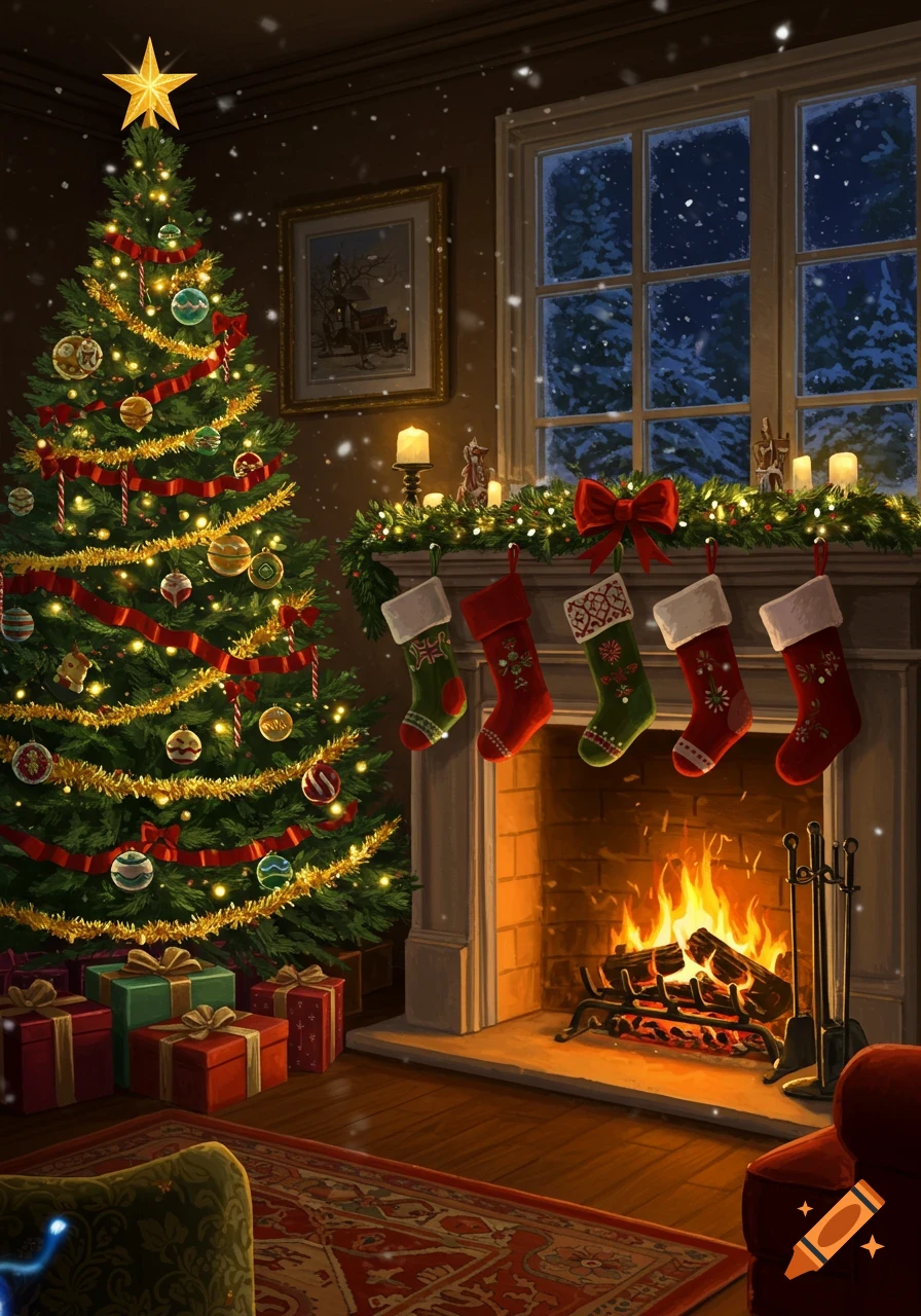 A festive indoor Christmas scene with a decorated tree, glowing fireplace, stockings, and wrapped gifts, with snow falling outside the window.