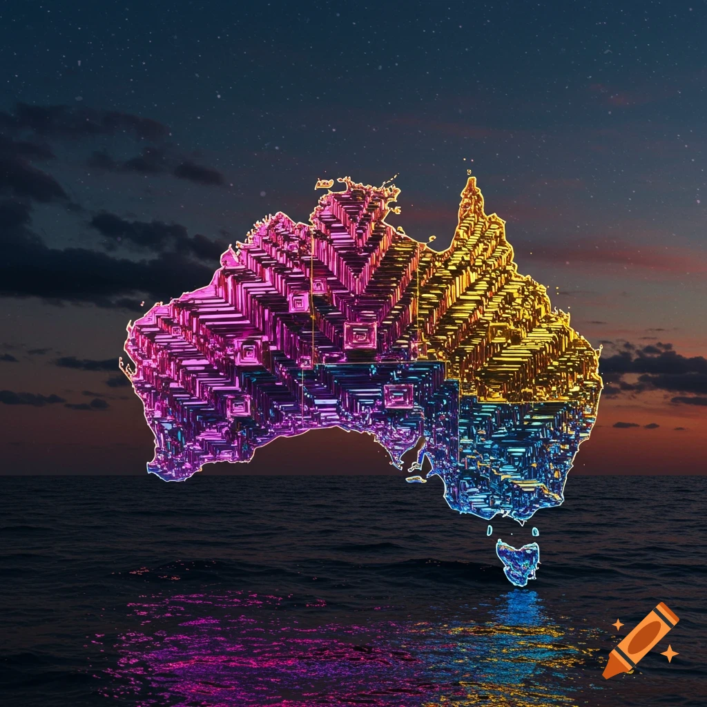 Stylized map of Australia made of iridescent bismuth crystals, floating over a dark ocean with colorful reflections under a twilight sky.